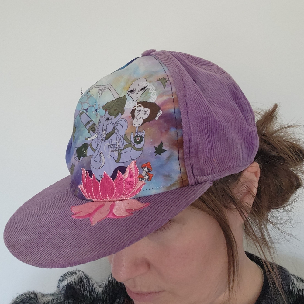 Y2K Penial Paradise Phychdelic Graphics Purple Corduroy Hat Flat Festival Indie